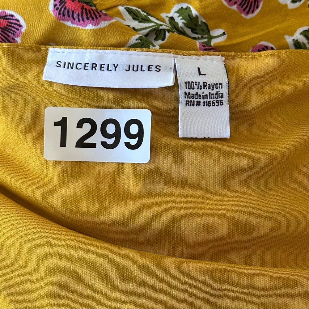 Sincerely Jules Mustard Floral Tiered Mini Dress L Boho Anthro Style Block Print - Picture 4 of 8